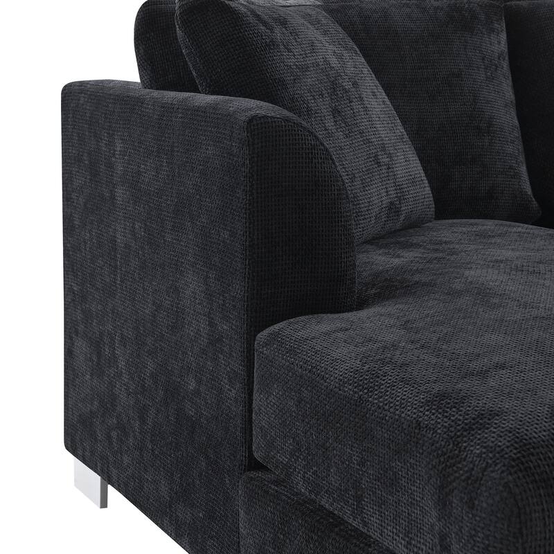 96x56" L-shaped 4-seat Chenille Sofa with Chaise and 2 Pillows, Black