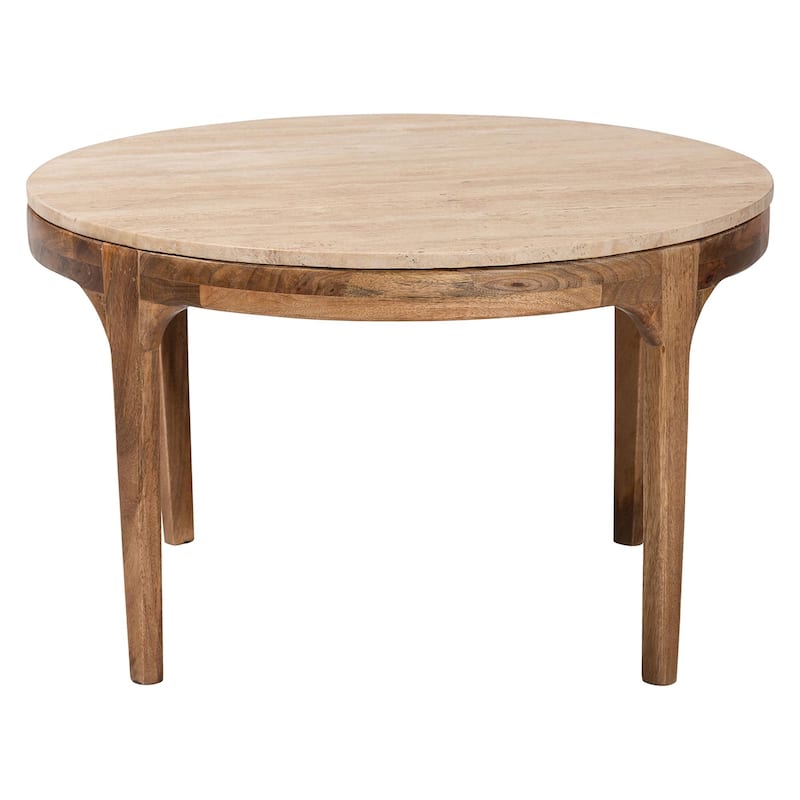 Prospero Round Travertine Coffee Table - Modern Accent Table with Mango Wood Frame for Living Room or Seating Areas