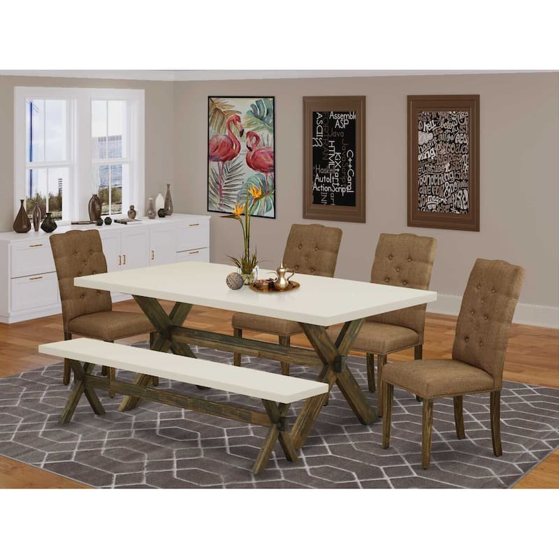 Modern 6-Piece Dinette Set - Kitchen Table with 4 Chairs & Bench - Linen Fabric & Tufted Back