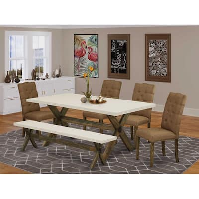 Modern 6-Piece Dinette Set - Kitchen Table with 4 Chairs & Bench - Linen Fabric & Tufted Back