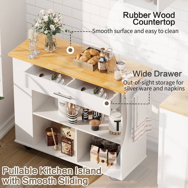 Kitchen Island with Towel Rack – Mobile Cart with Rubber Wood Top, Easy-Glide Storage