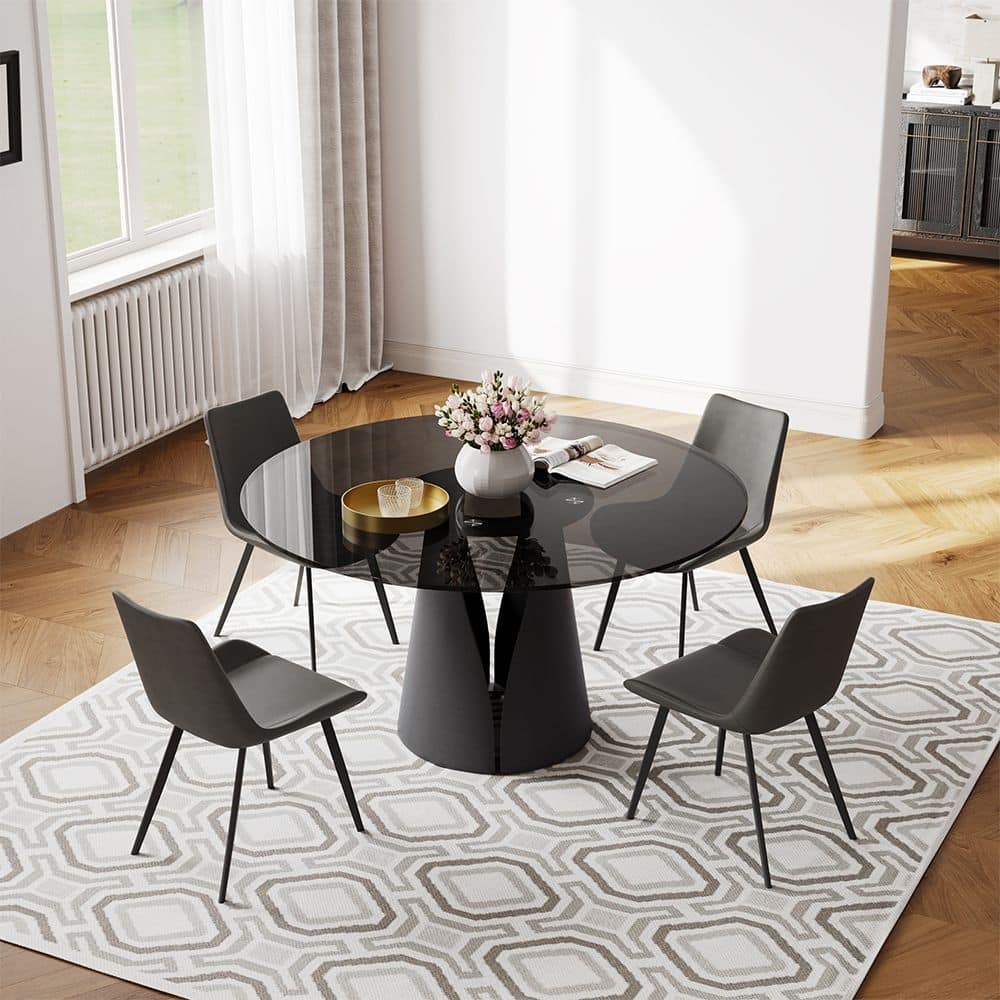 Modern Round White Dining Table，Sintered Stone Tabletop, Solid Black Carbon Steel Base