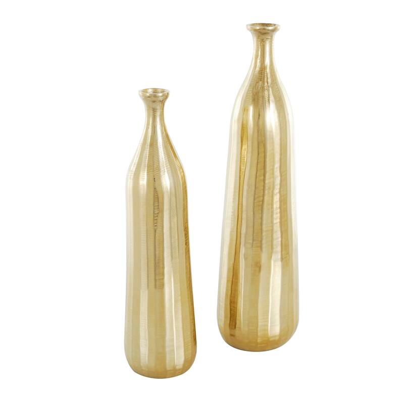 Aluminum Metal Decorative Vase with Wavy Accents and Textured Ridges - Set of 2 Silver or Gold - Roche River Decor - Gold - 20"W, 19"H
