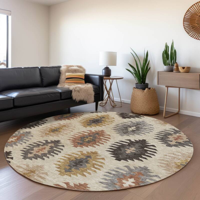 Machine Washable Indoor/ Outdoor Boho Tribal Chantille Rug