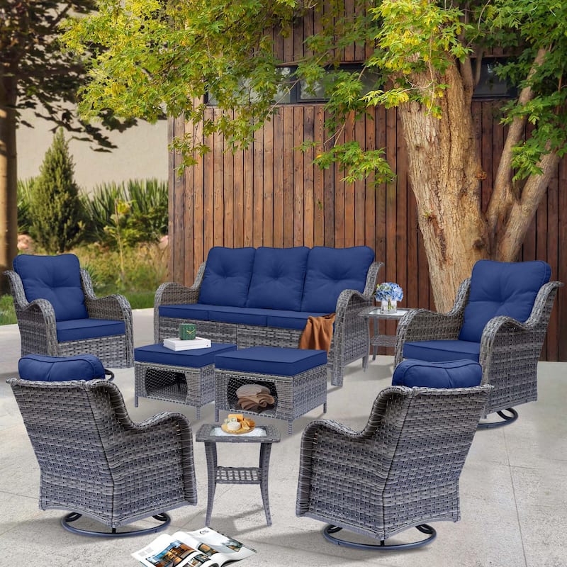9-piece Wicker Outdoor Patio Furniture Sets with Swivel Rocker Chairs