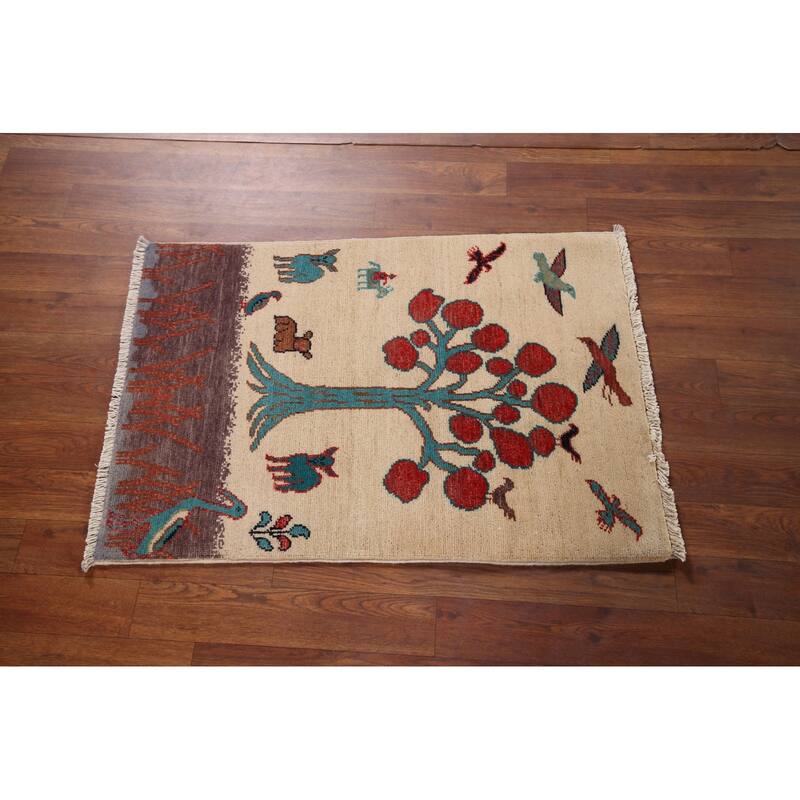Animals Design Ziegler Foyer Rug Handmade Beige Wool Carpet - 2'0" x 2'11"