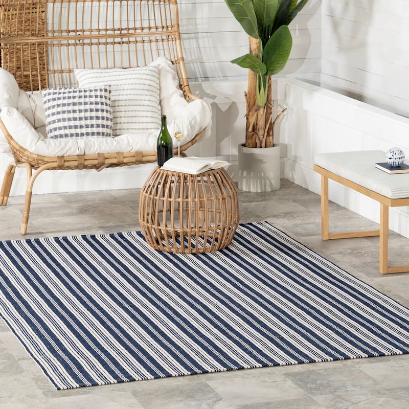 Home Conservatory Ticking Stripe Handwoven Indoor/Outdoor Area Rug - 6' x 9' - Blue - Rectangle