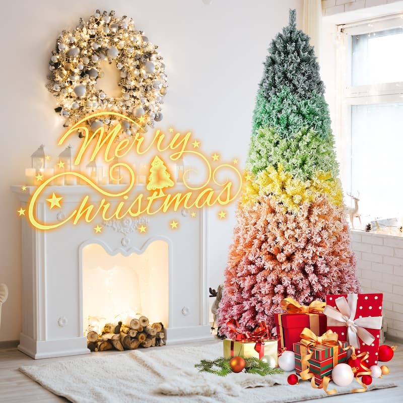 7.5ft Rainbow Gradient Flocked Christmas Tree with 1927 Tips, Artificial Pine with Snowy Finish, Hinged Design and Metal Stand