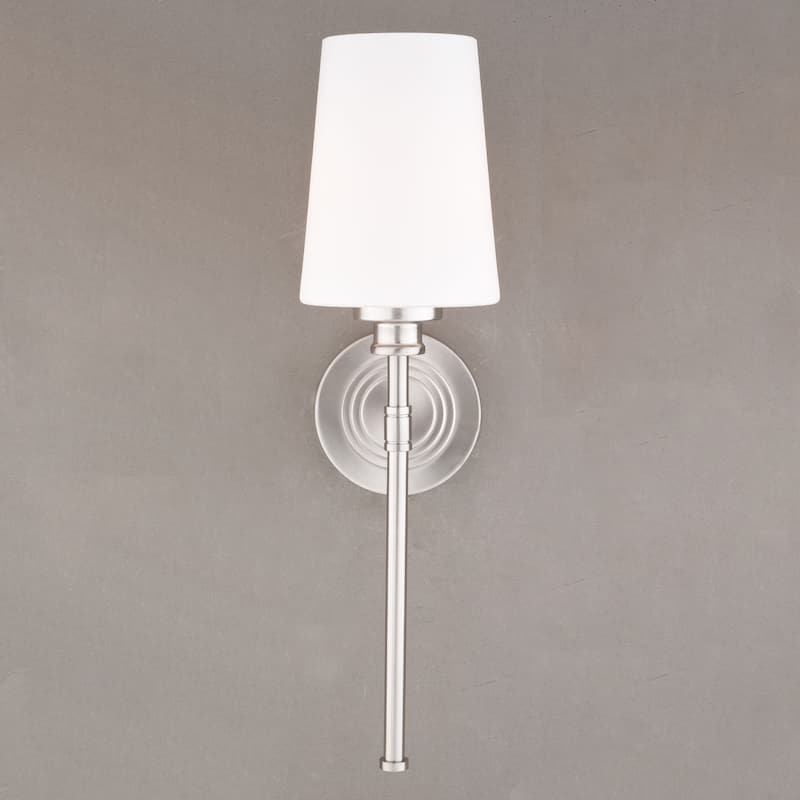 Clark 1 Light Satin Nickel Bathroom Wall Sconce White Glass - 5.25-in W x 19-in H x 7-in D