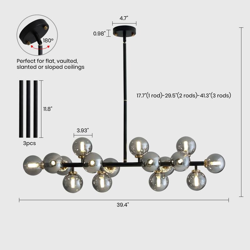 40 in. Black Modern Chandelier 16-Light Sputnik Pendant Light with Smoky Gray Globe Glass Shade for Kitchen Island Dining Table