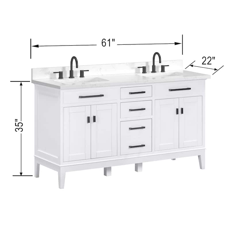 Madison 60 in. Double Sink Bathroom Vanity with Engineered Stone Top - 61" x 22"D x 35"H