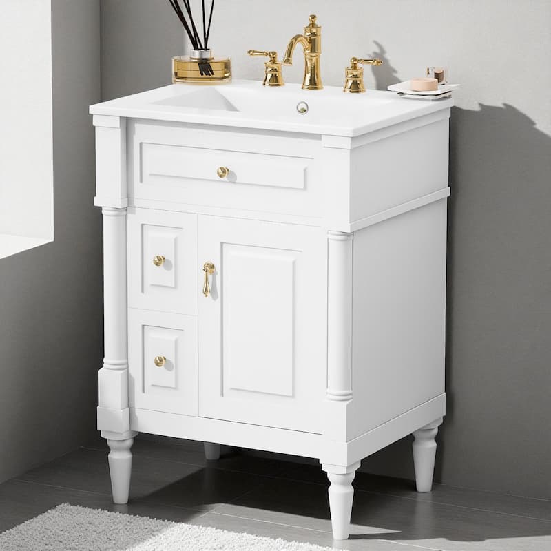 24" Freestanding Bathroom Vanity with Ceramic Sink, Solid Rubberwood Frame, Flip Drawer & Adjustable Shelf - White