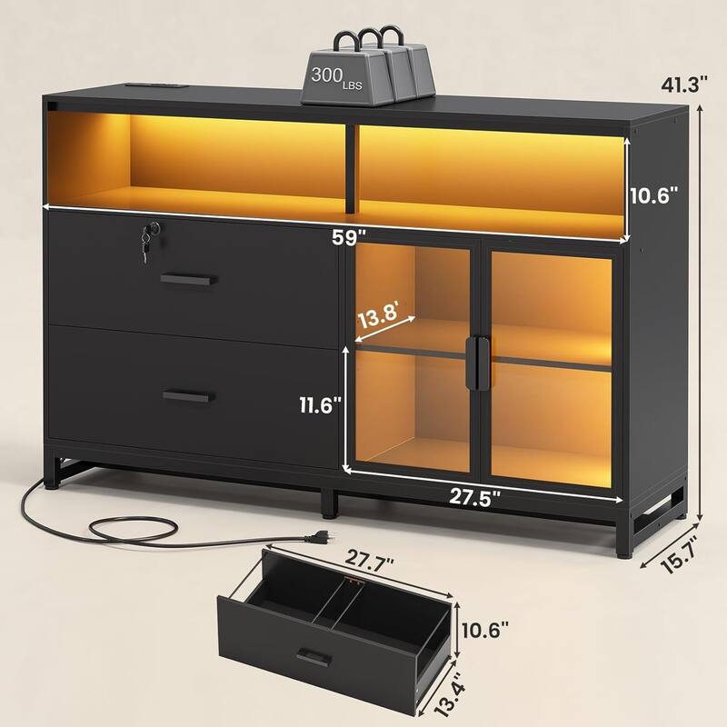 59" LED File Cabinet 2 Drawers Filing Cabinets Legal/Letter/A4 File