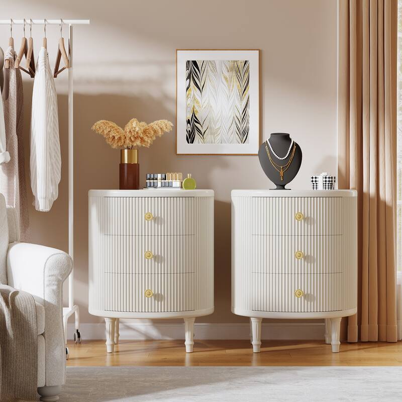 Nightstand with 3 Drawers, Farmhouse Night Stand with Storage for Bedroom, Beige White
