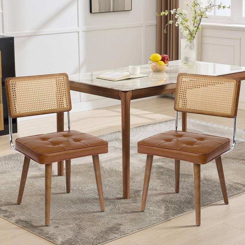 Mid-Century Modern Upholstered Dining Chair with Checkered Hollow Rattan Backrest and Padded Cushion - Brown - 2-Piece