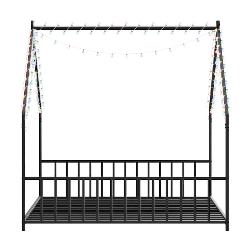 Full Size Children'S Bed Frame With Led Light Strips,Roof-Shaped Iron Frame Bed