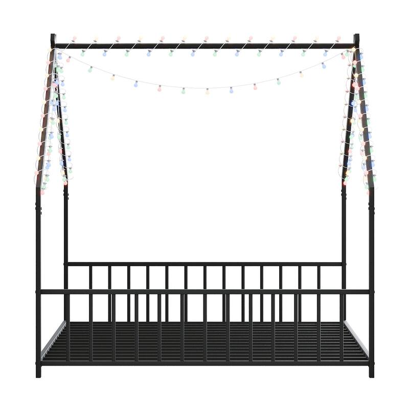 Full Size Roof Shaped Bed Frame for Kids with LED Lights, Black Iron Bed with Low-to-Ground Design