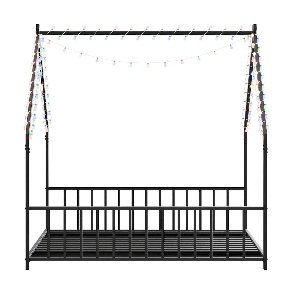 Full Size Roof Shaped Bed Frame for Kids with LED Lights, Black Iron Bed with Low-to-Ground Design