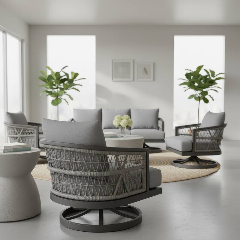 Hosa 30 Inch Outdoor Patio Swivel Armchair, Gray Metal Frame, Woven Rope