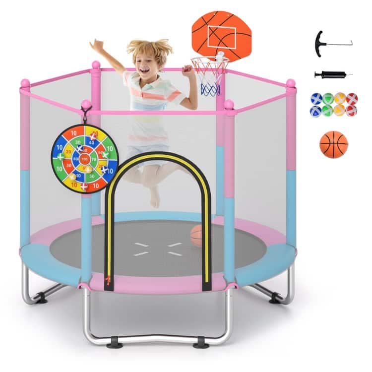 60 inch Kids Trampoline Toddler Recreational Trampoline with Basketball Hoop-Macaron - Multi