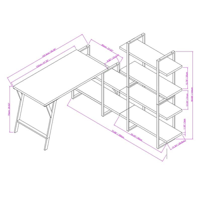 L - Shaped Home Office Desk with 6 Antigue Wood Shelves