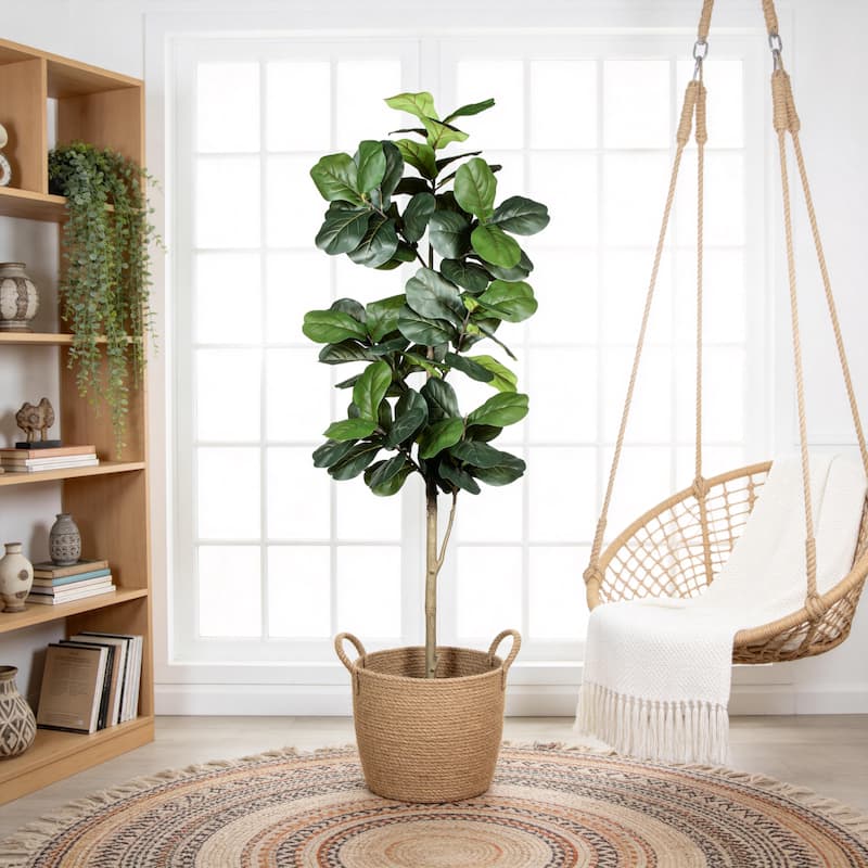 7" Artificial Fiddle Leaf Fig Tree in Black Plastic Pot - Green Leaves