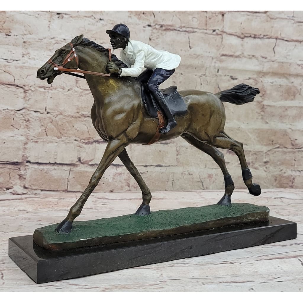 Jockey Riding Horse Bronze Statue Figure Figurin Hot Cast Marble Base Sculpture