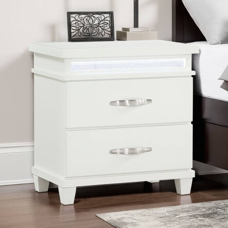 Jisy Nightstand, 2 Drawers, LED Lights, White Wood, Chrome Handles