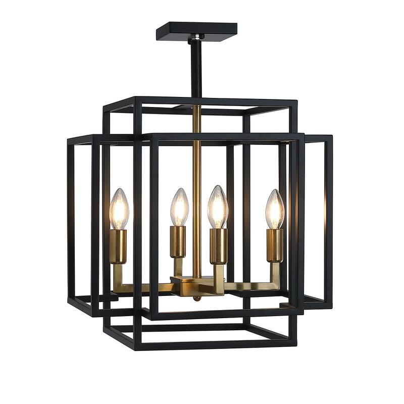 Industrial Black 4-Light Rectangle Iron Frame Semi Flush Mount Lamp