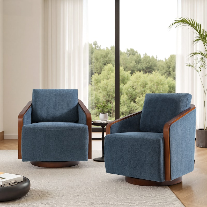 Set of 2 Modern Swivel Accent Barrel Chairs with Wood Arms - Navy