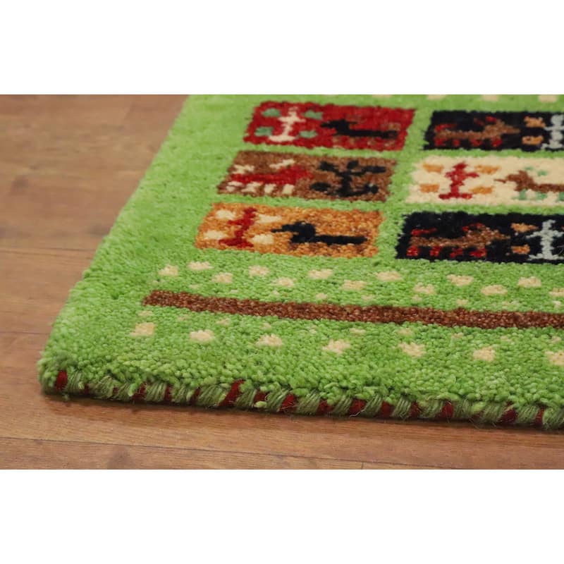 Hand Knotted Oriental 100% Wool Carpet Tribal Animal Pictorial Green Gabbeh Area Rug - 1' 4'' X 1' 4''