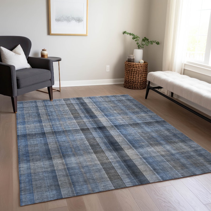 Machine Washable Indoor/ Outdoor Modern Plaid Chantille Rug
