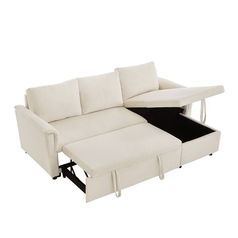 Convertible Corduroy Modular Loveseat Pull-Out Sleeper with Storage Chaise and Reclining Backrest for Living Room