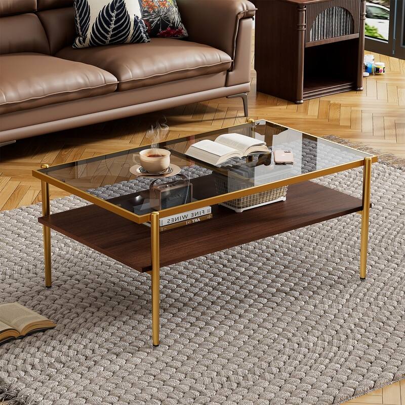 Rectangle Coffee Table with Gray Tempered Glass top & Metal Legs, Modern Table for Living Room - Gray+Golden
