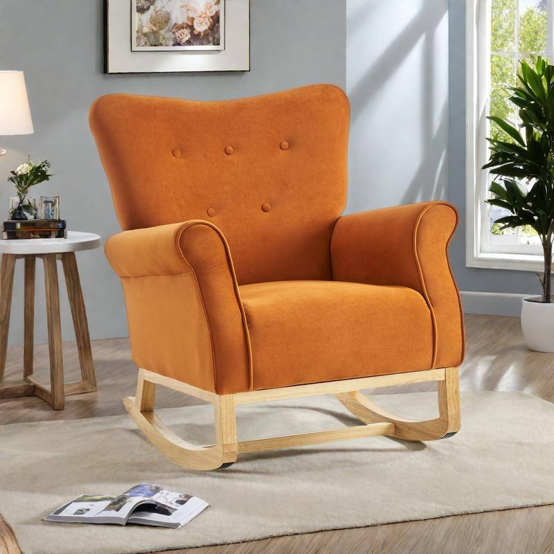 Velvet Nursery Rocking Chair with High Back and 250lb Capacity - Orange