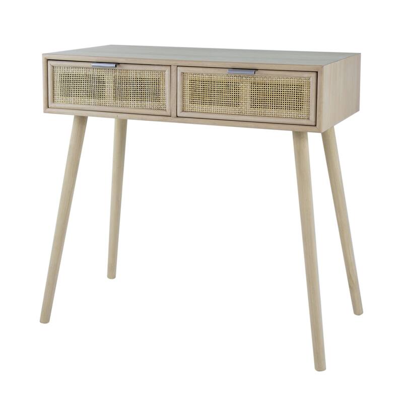 Pia 32 Inch Wood Console Table, 2 Drawers, Woven Rattan, Natural Brown - Brown - Wood