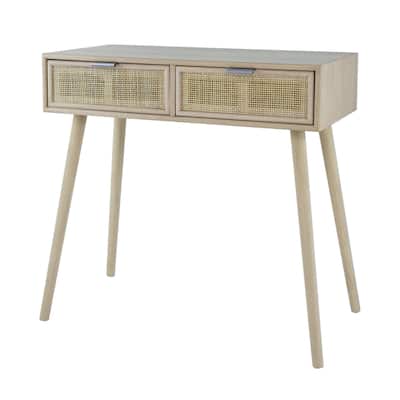 Pia 32 Inch Wood Console Table, 2 Drawers, Woven Rattan, Natural Brown
