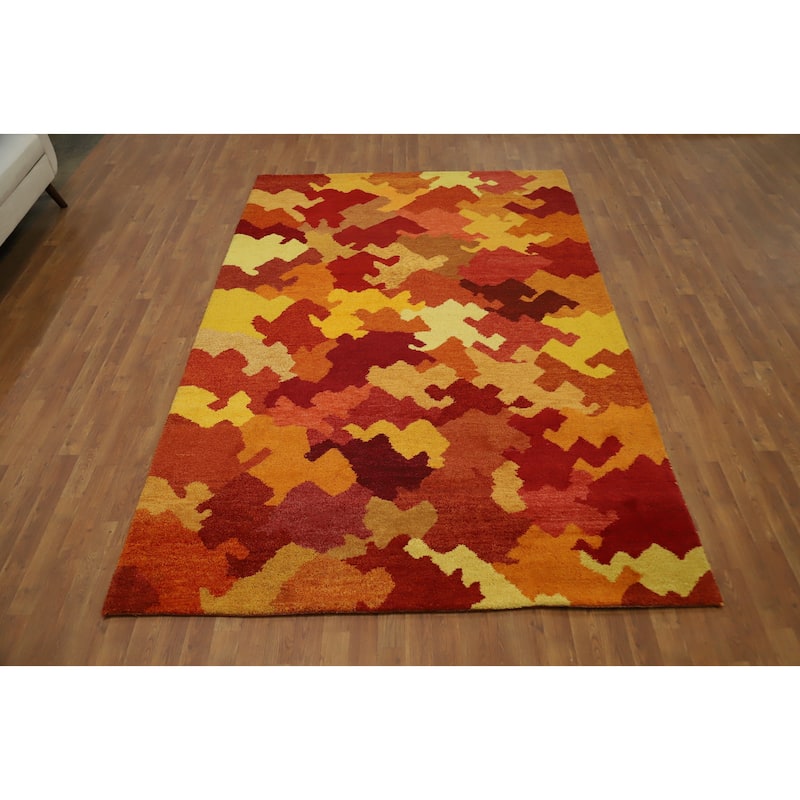 Hand Knotted Oriental 100% Wool Carpet Modern Geometric Oranges & Rust Gabbeh Area Rug - 9' 7'' X 6' 4''