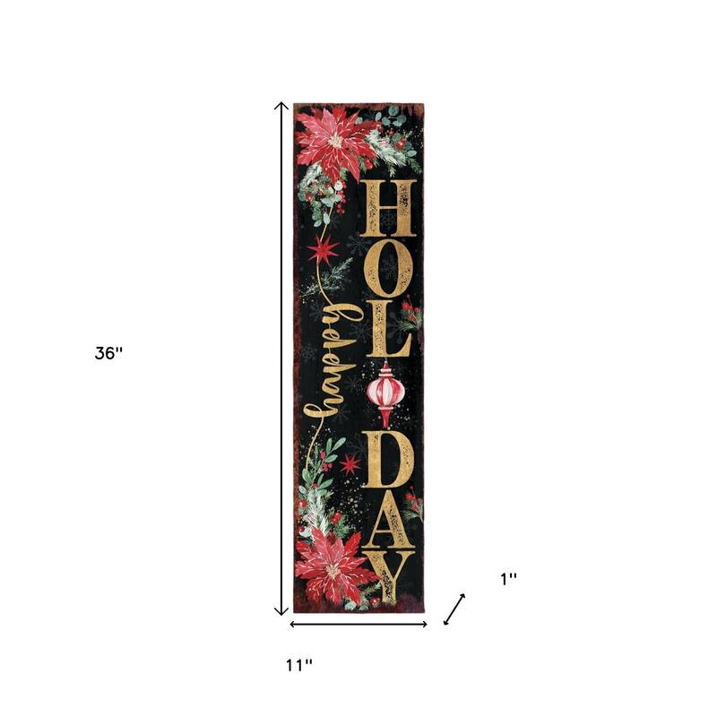 HomeRoots 36" Black Gold Green And Red Solid Wood Happy Holidays Christmas Poinsettia Porch Sign
