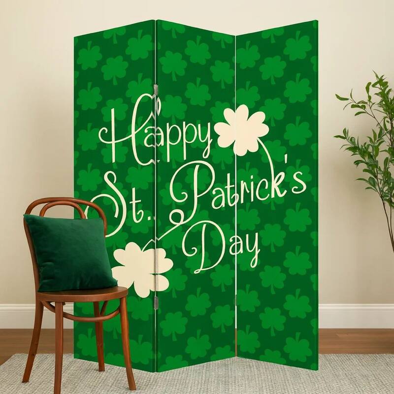 72 Inch 3 Panel Canvas St Patricks Day Print Room Divider,Green