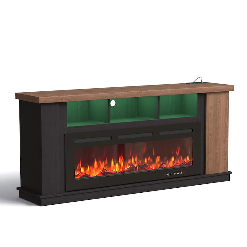 70" Traditional TV Stand with 50" Electric Fireplace, Light Strips, Sockets, Open Shelves, and Cabinets for TVs up to 80