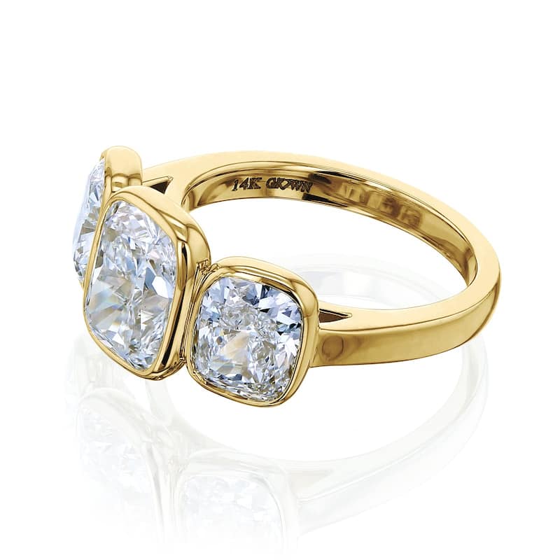 Kobelli 6 Carats Lab Grown Diamond Solid 14k Gold Elongated Cushion 3-Stone Bezel Croft Ring