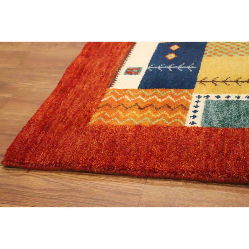 Hand Knotted Oriental 100% Wool Carpet Modern Geometric Multi-Colored Gabbeh Area Rug - 5' 1'' X 3' 0''