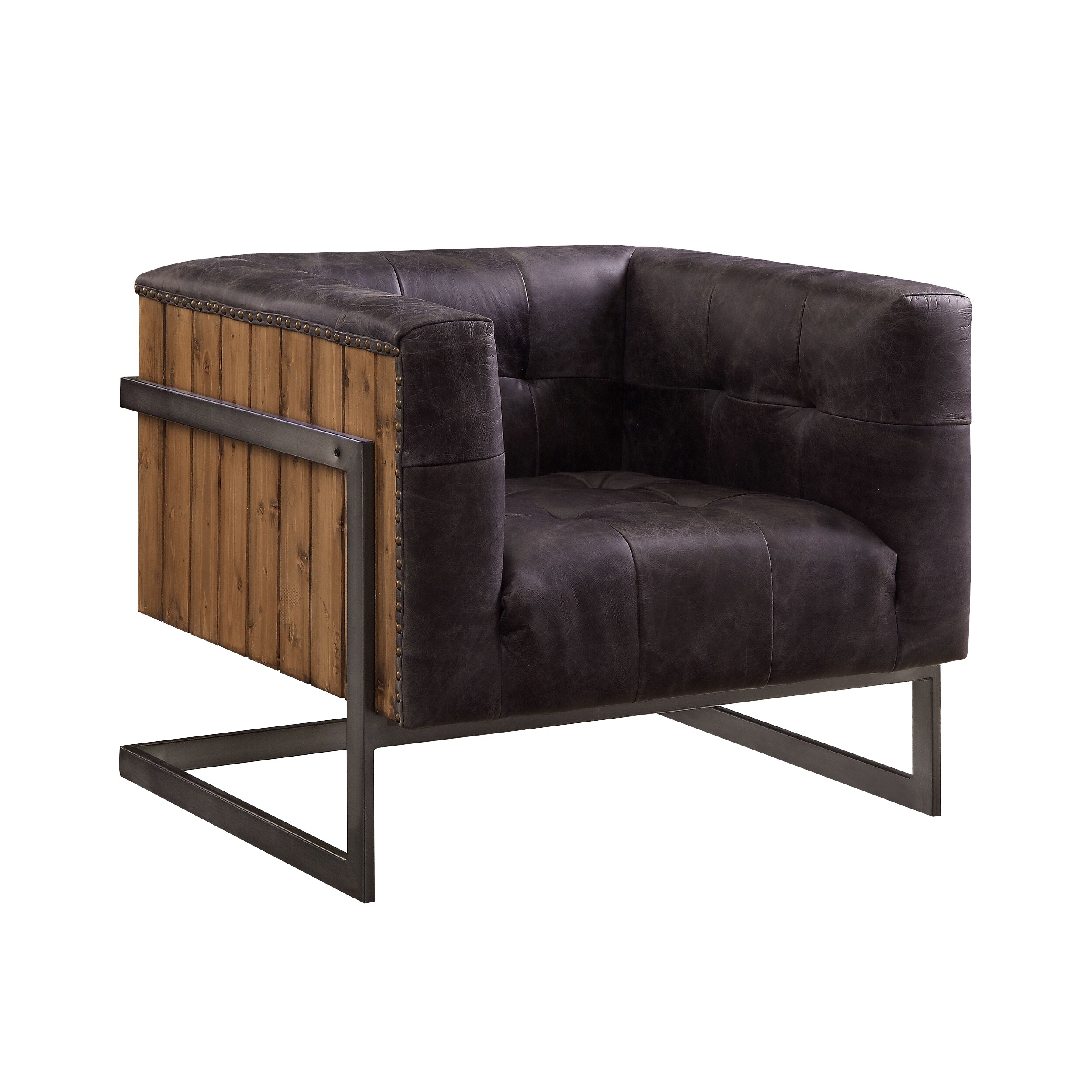 Leatherette Accent Chair with Plank Style Wooden Body, Brown Bed