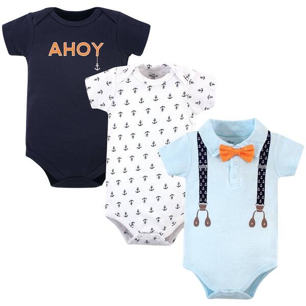 slide 1 of 1, Little Treasure Baby Boy Cotton Bodysuits 3pk, Anchor Suspenders 0-3 Months - Anchor Suspenders