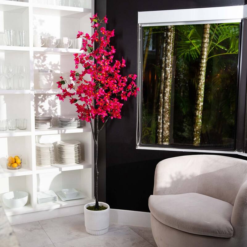 Bougainvillea Artificial Floral Tree with White Planter - 6' - Pink