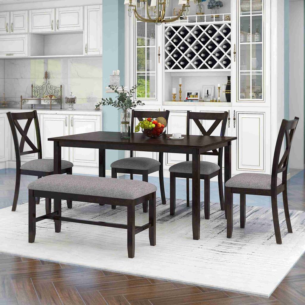 6-Piece Wooden Kitchen Dining Table Set, 4 Fabric Chairs and Bench (Espresso)