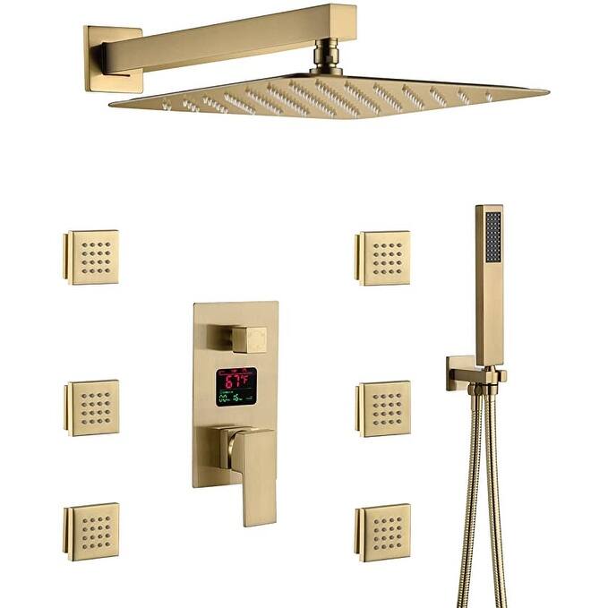 brushed gold wall mounted 12 inch rain head 3 way digital display anti scald shower system - 7'6" x 10'9"