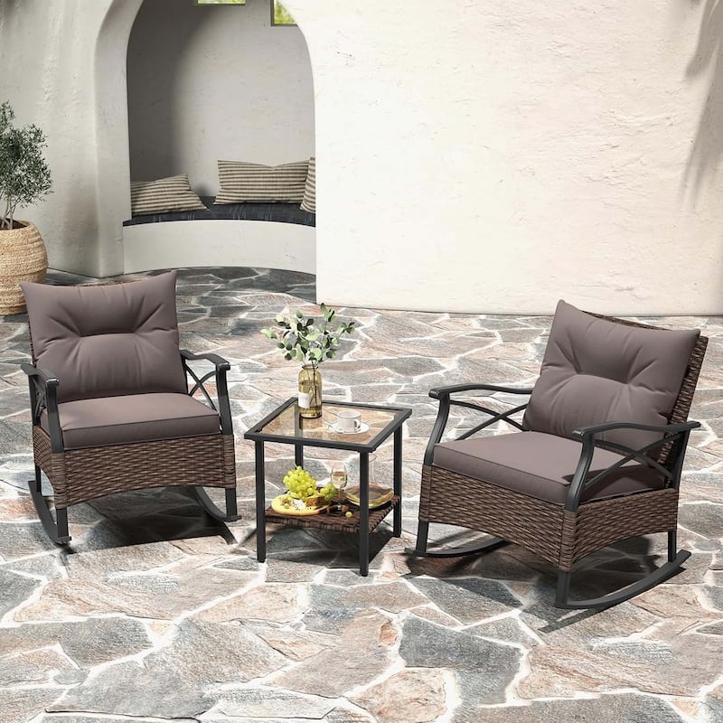 3 PCS Outdoor Rocking Chair Set Cushioned Rocker Chair w/ Side Table