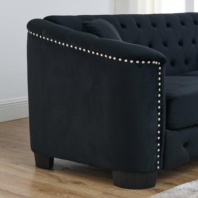 Black 77'' Modern Velvet 3-Seater Sofa with Tufted Backrests and Nailhead Trim